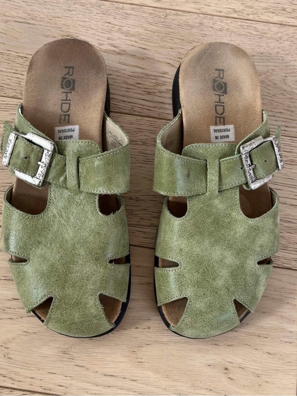 ROHDE Leather Cut Out Slip On Sandal Clogs Silver Tone Metal Buckle Artsy Boho